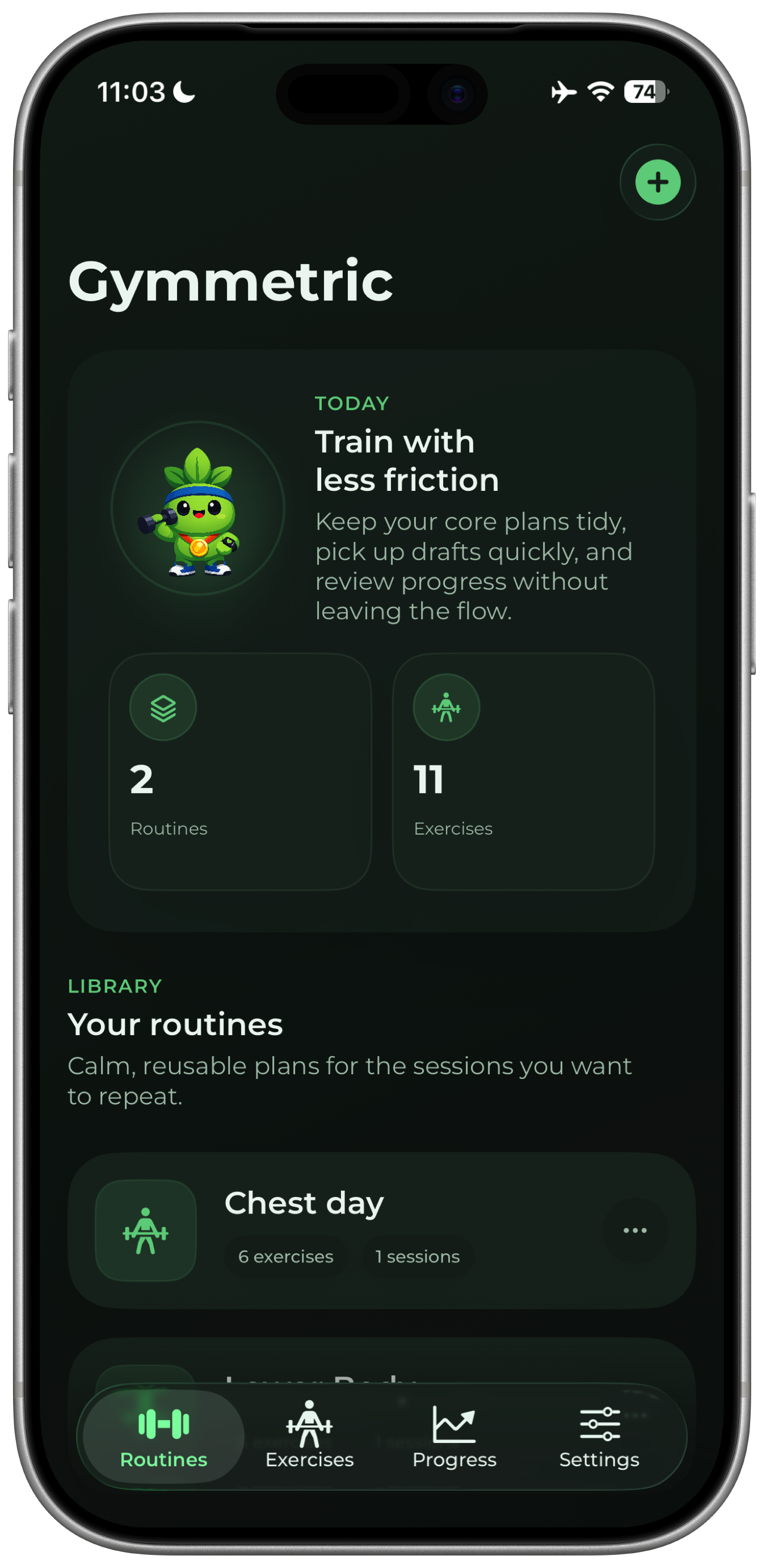 Workout tracker app mockup showing routines, workout stats, and progress charts